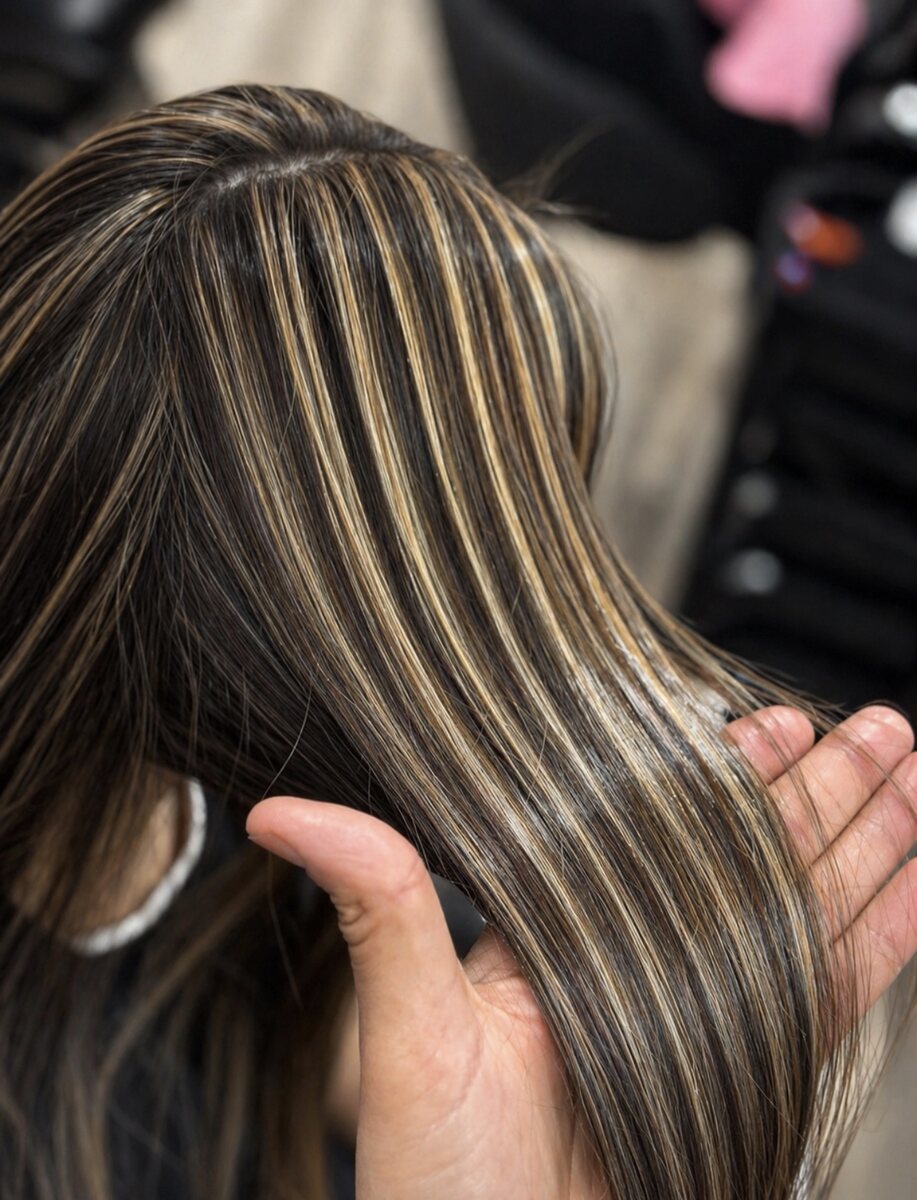 Trabajo de mechas en cabello oscuro
